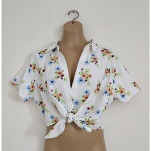 FOREVER 21 White Floral Linen Blend Blouse Open Tie Front Crop Top Size OX